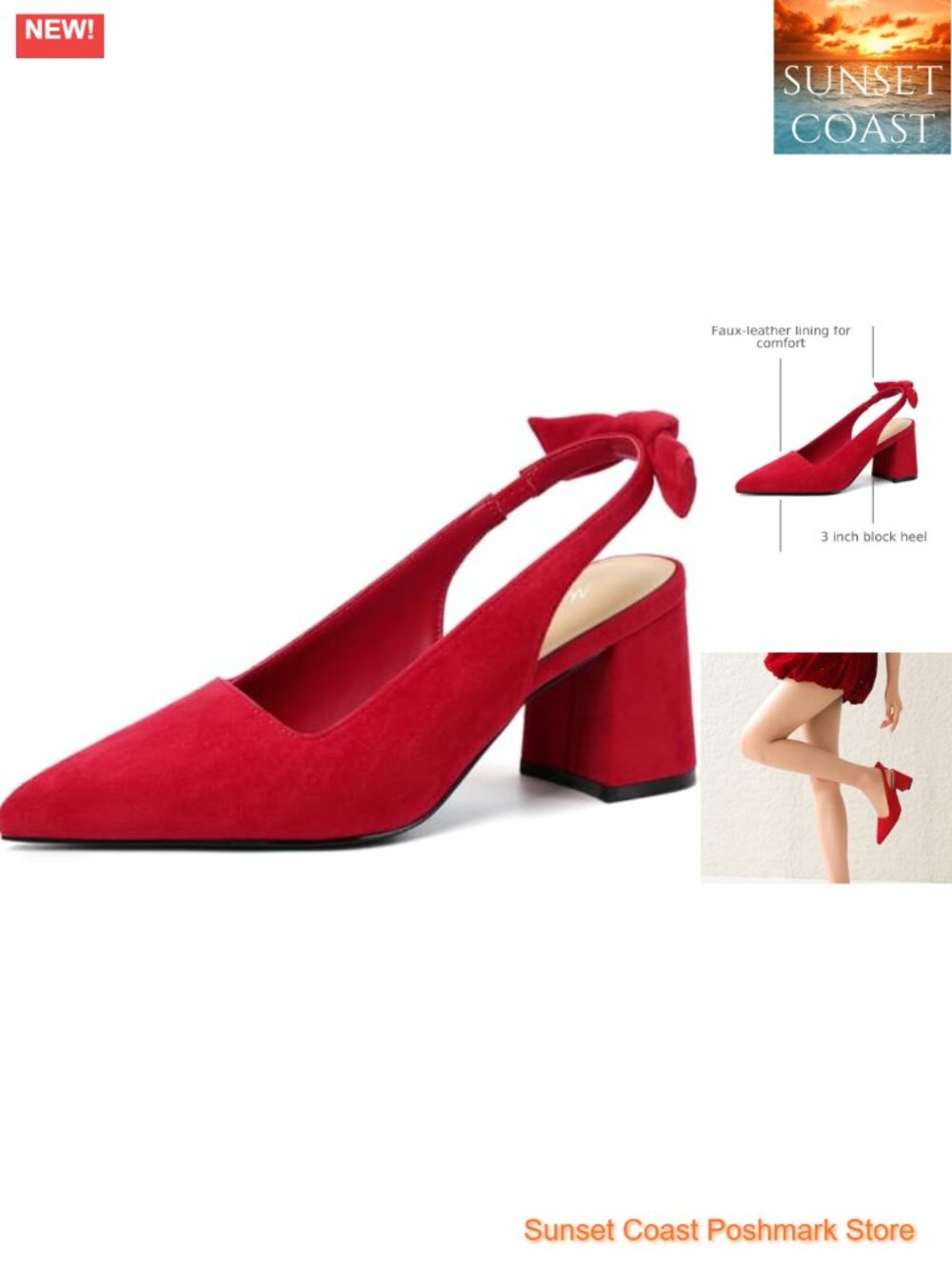 Pointed Toe Slingback Block Heels Bow Detail Office Pumps